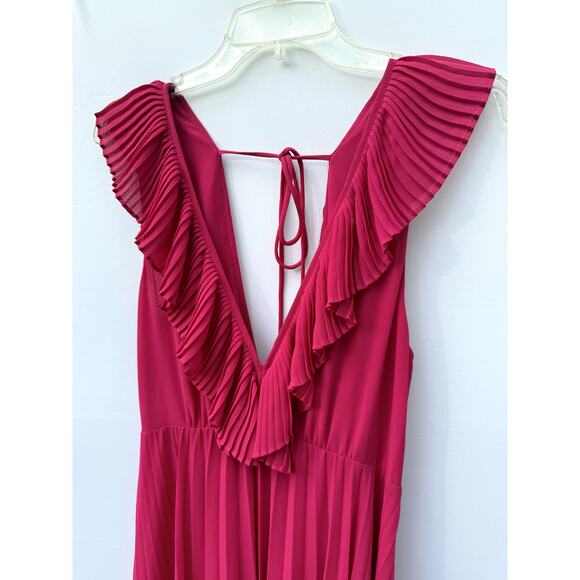 ZARA Fuchsia Pink Deep V-Neck Ruffle Sleeve & Collar Flowing Maxi Dress NWT - Picture 3 of 8